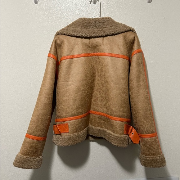 BDG Brown and Orange Bomber Jacket with Fluffy Texture and Wide Collar - Picture 2 of 3